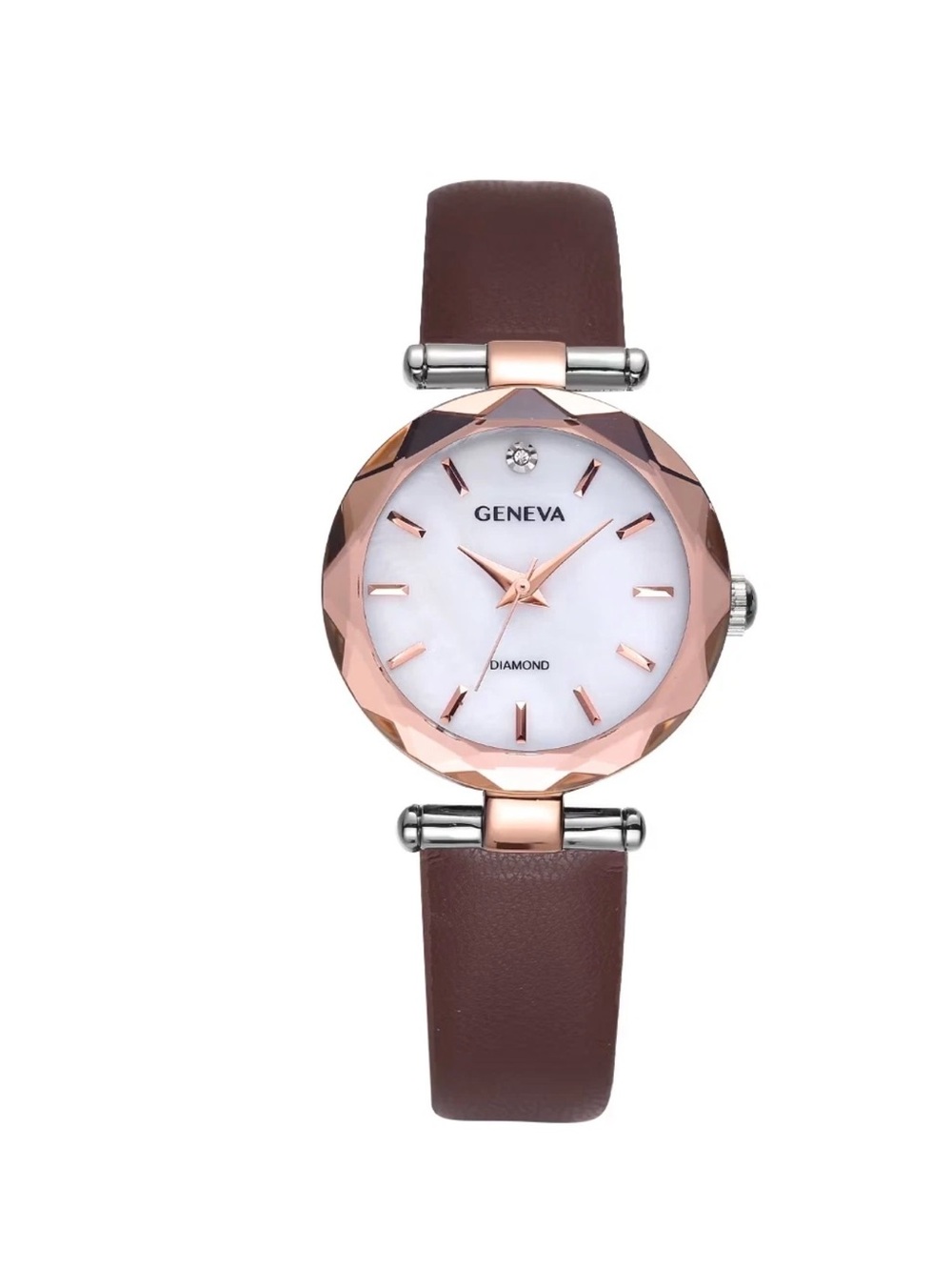 Geneva Rose Gold Faceted Bezel Watch with Brown Leather Strap